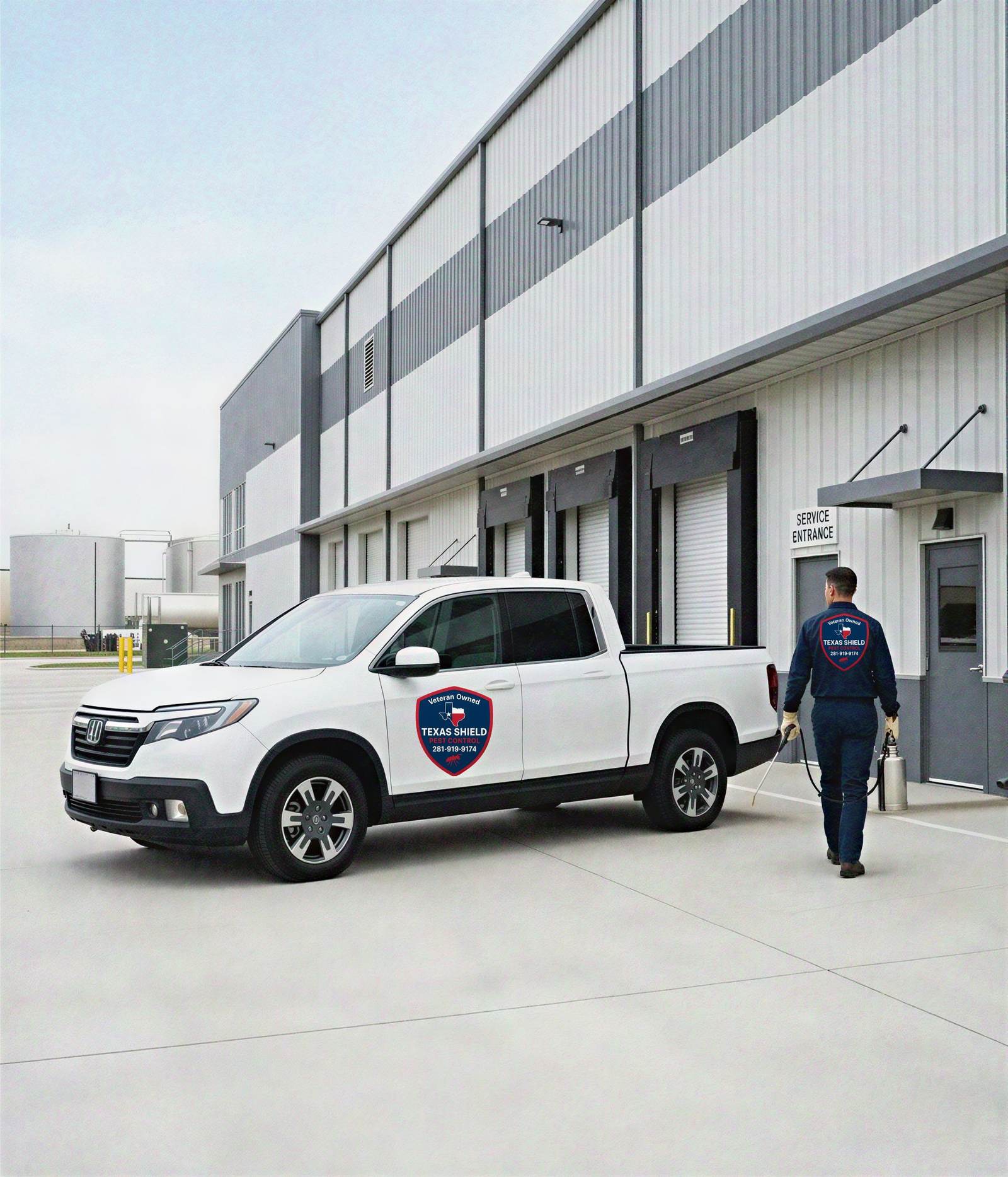 Walking into warehouse from truck logo right — Texas Shield Pest Control